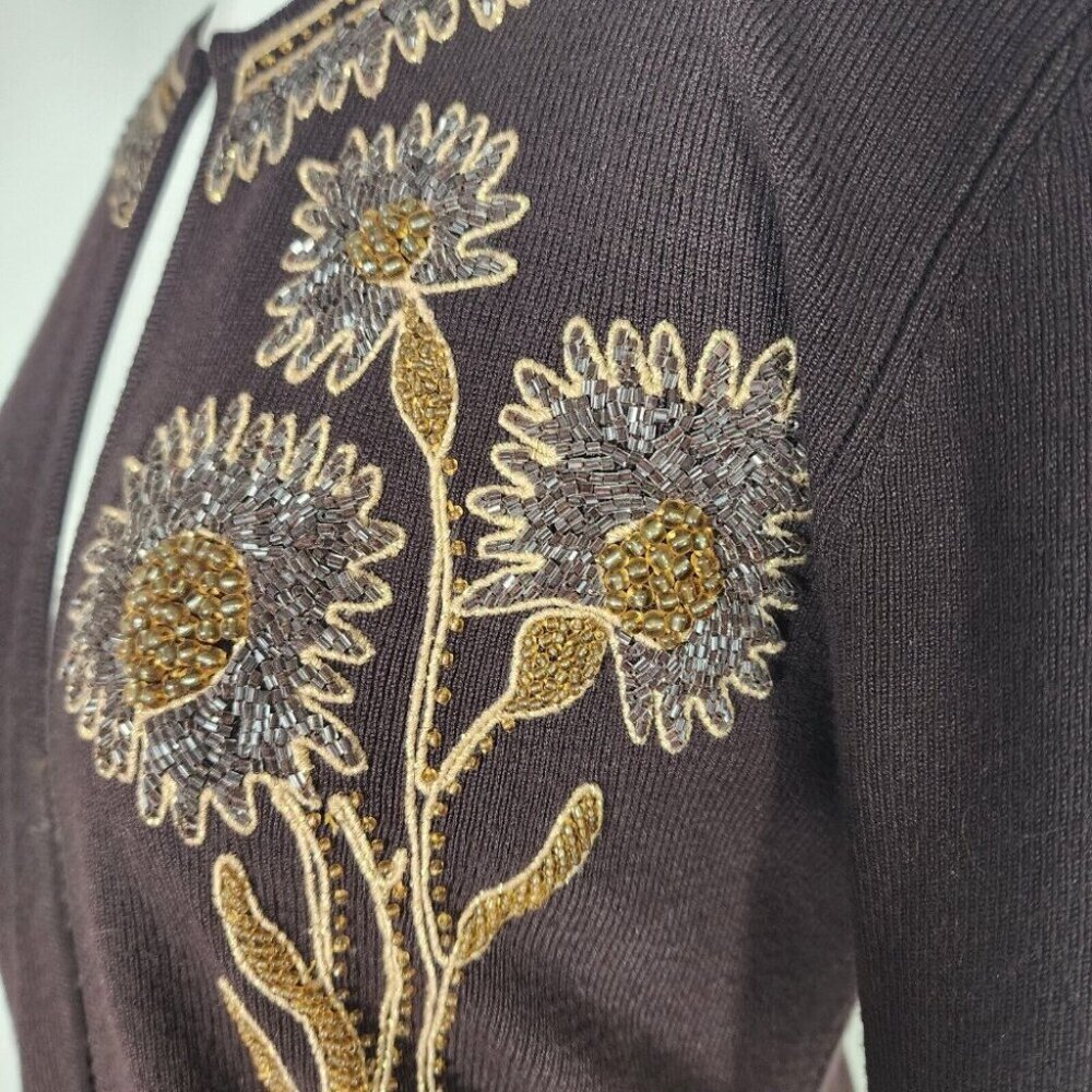 Women's Brown Beaded Cardigan Sweater Goblin Fairy Floral Whimsical 3/4 Sleeve S - Picture 6 of 12
